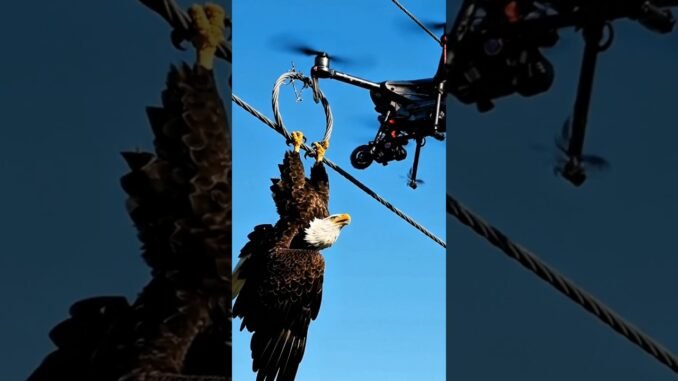 CABLE CUTTER: Aerial Drone Pilot Guides Device to Free Eagle Hanging from Power Line!  #shorts #veo3