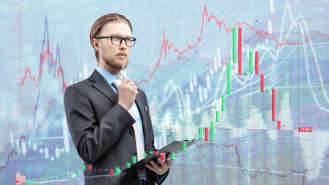 businessman trader analyst in glasses spectacles with notebook and thinking, on diagram background. Trading on stock exchange concept
