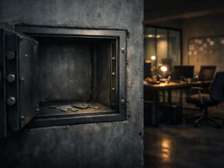 Open empty safe with scattered fragments in a dim office, symbolizing the lasting impact of crypto hacks even after funds are gone