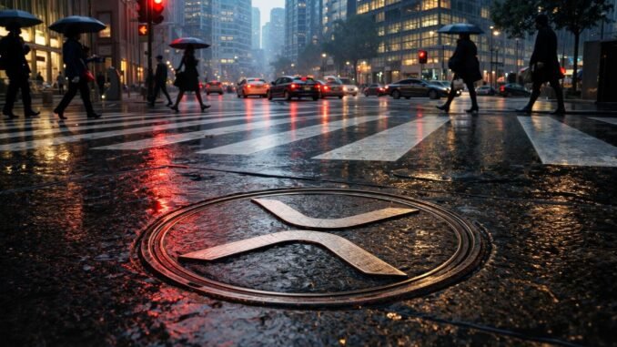 XRP logo on a rain-soaked city street as investors pull back, signaling first monthly outflow after a $1.2B ETF inflow streak