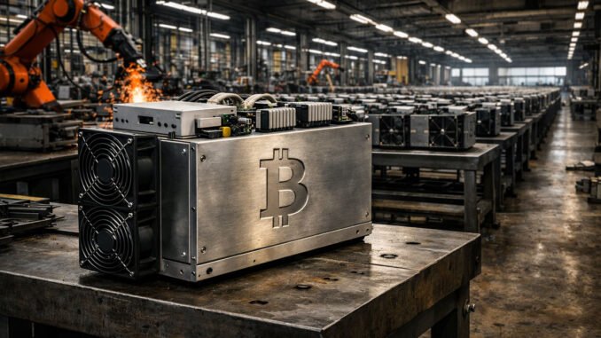 Bitcoin mining rigs assembled in a US factory, reflecting Washington’s push for domestic hardware to power American hash rate