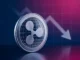 XRP cryptocurrency coin with downward price chart against gradient tech background