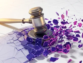 Solana News: South Korea Sets DeFi Precedent with First DEX Rug Pull Criminal Case 3D gavel striking digital blockchain surface with purple and magenta fragments representing DeFi regulation