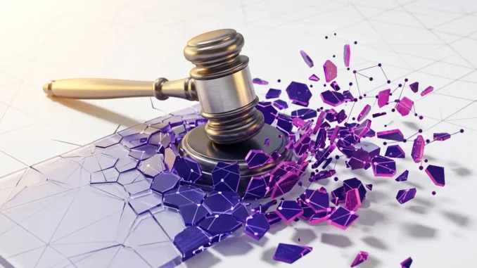 Solana News: South Korea Sets DeFi Precedent with First DEX Rug Pull Criminal Case 3D gavel striking digital blockchain surface with purple and magenta fragments representing DeFi regulation