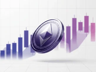 Ethereum coin ascending with purple gradient chart background showing upward price momentum