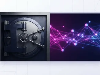 Bank vault door contrasted with glowing blockchain network in purple and magenta gradients