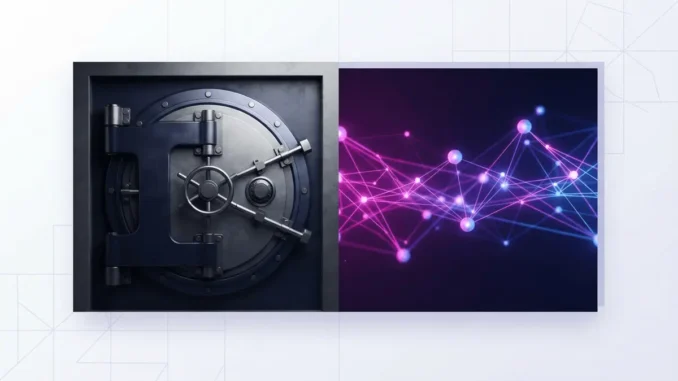 Bank vault door contrasted with glowing blockchain network in purple and magenta gradients