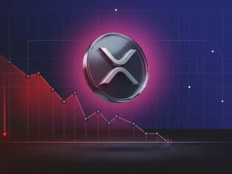 Metallic XRP asset under pressure above a key support level in a dark crypto market scene