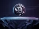 Bitcoin coin holding above a glowing cost-basis floor during a bear market