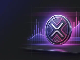XRP-inspired coin above a glowing market volume chart with indigo and magenta financial lighting