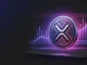 XRP-inspired coin above a glowing market volume chart with indigo and magenta financial lighting