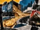 Editorial collage depicting a Bitcoin freight truck unloading valuable cargo as a mining worker receives comparatively few coins.
