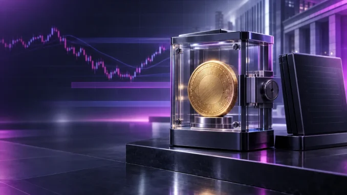 Bitcoin secured as collateral in a modern bank vault, representing institutional crypto lending and market risk.